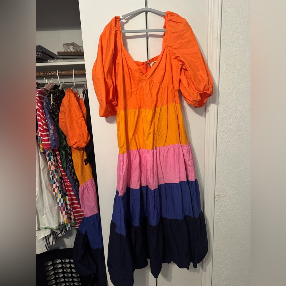 NWOT Anthropologie Farm Rio Puff Sleeve Tiered Colorblock Maxi Dress Sm petite - Picture 4 of 6
